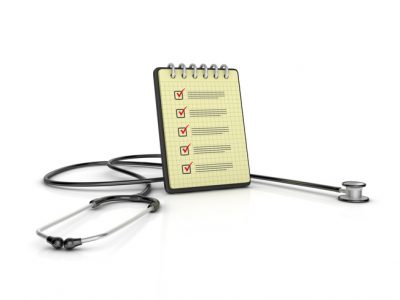 Spiral Note Pad with Check List and Stethoscope - White Background - 3D Rendering